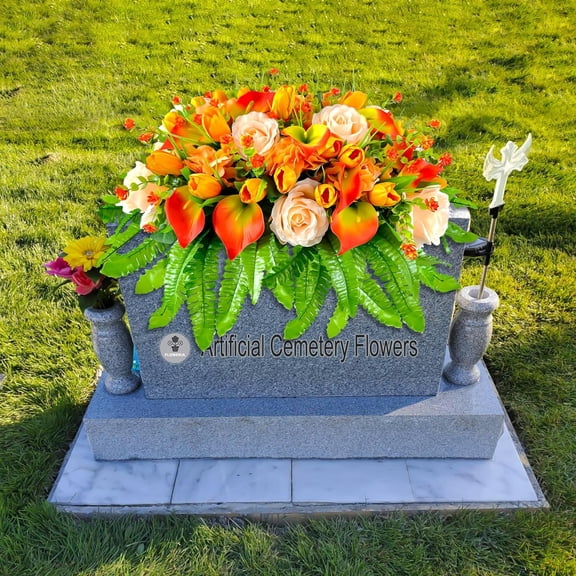 Artificial Cemetery Flowers - Outdoor Grave Saddle for Headstone Decorations with Orange Roses Tulips