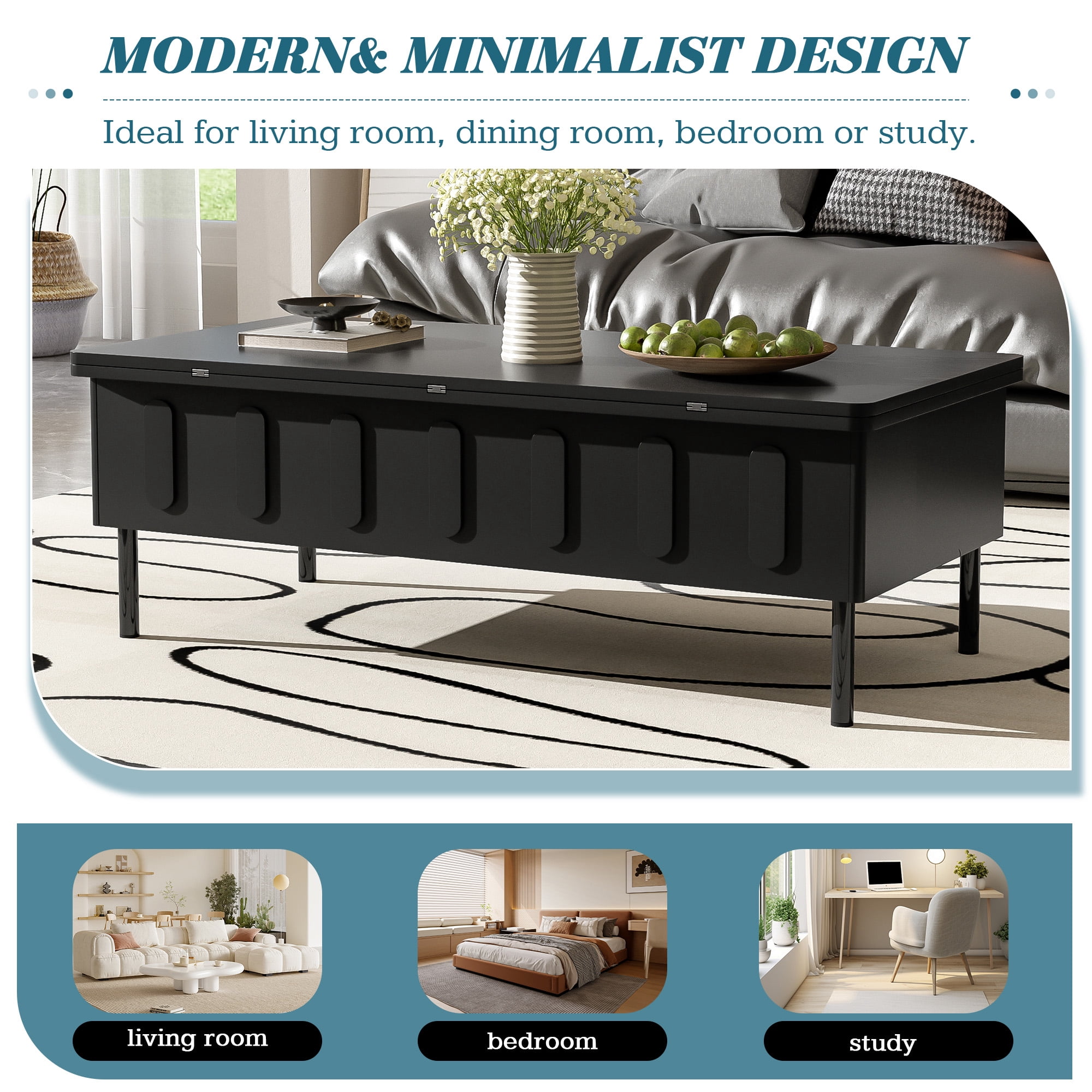 Euroco Modern Lift-Top Convertible Coffee Table – Multifunctional Workstation, Dining & Storage Table for Small Spaces