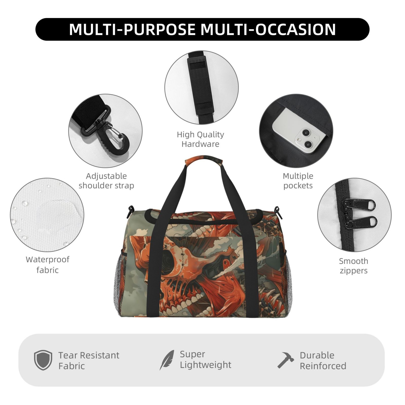 Fuzoiu Gigantic Skull In Clouds Print Travel Duffle Bag,Carry On Tote Bags,Duffel Bag,Sport Gym Bag, Hospital Bag for Labor and Delivery, Overnight Bag,Luggage Bag