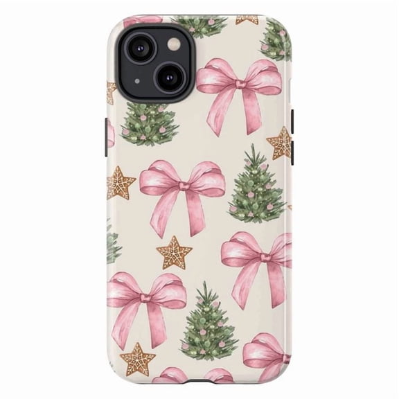Coquette Christmas Bow Phone Case, Pink Ribbon Tree Holiday Pattern Cover for iPhone 17 16 15 14 13 12 11 Plus Pro Max Mini