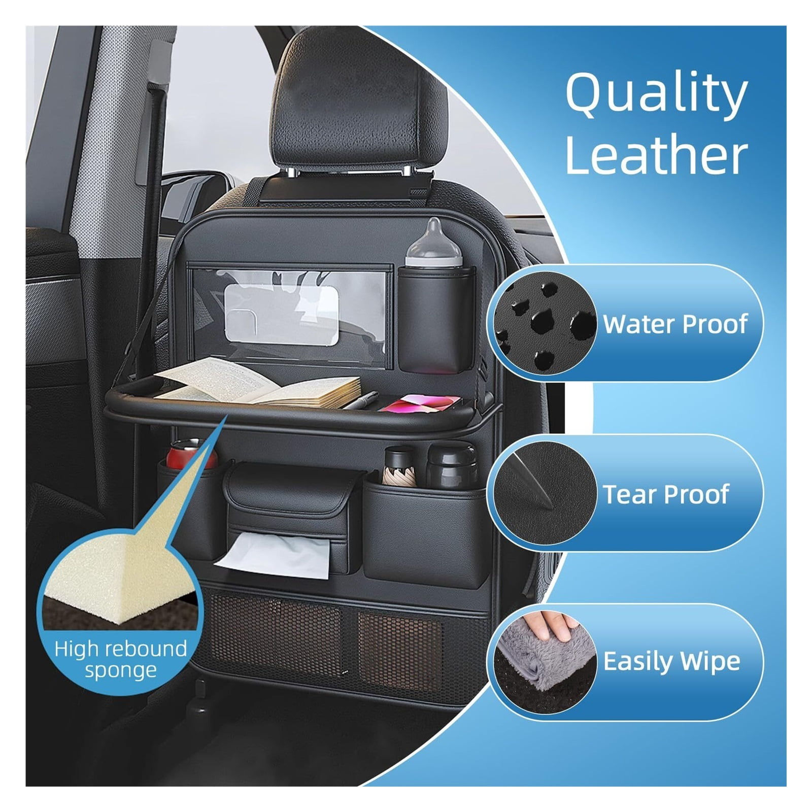 GUANGHUI Leather Car Backseat Organizer with Foldable Table Tray, Car Seat Back Protectors Kick Mats, Foldable Car Seat Organizer with Tablet Holder