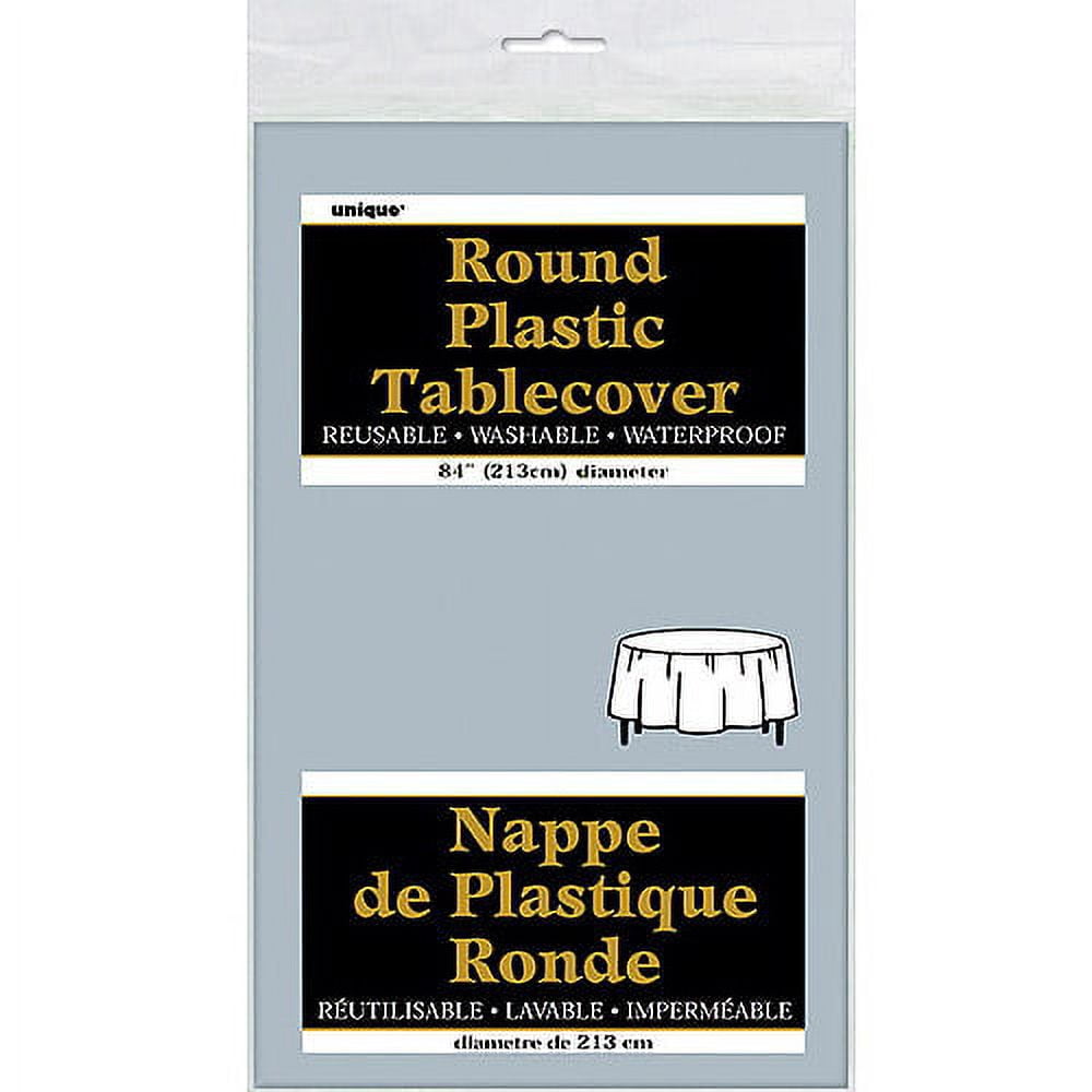 Silver Plastic Party Tablecloth, Round, 84in