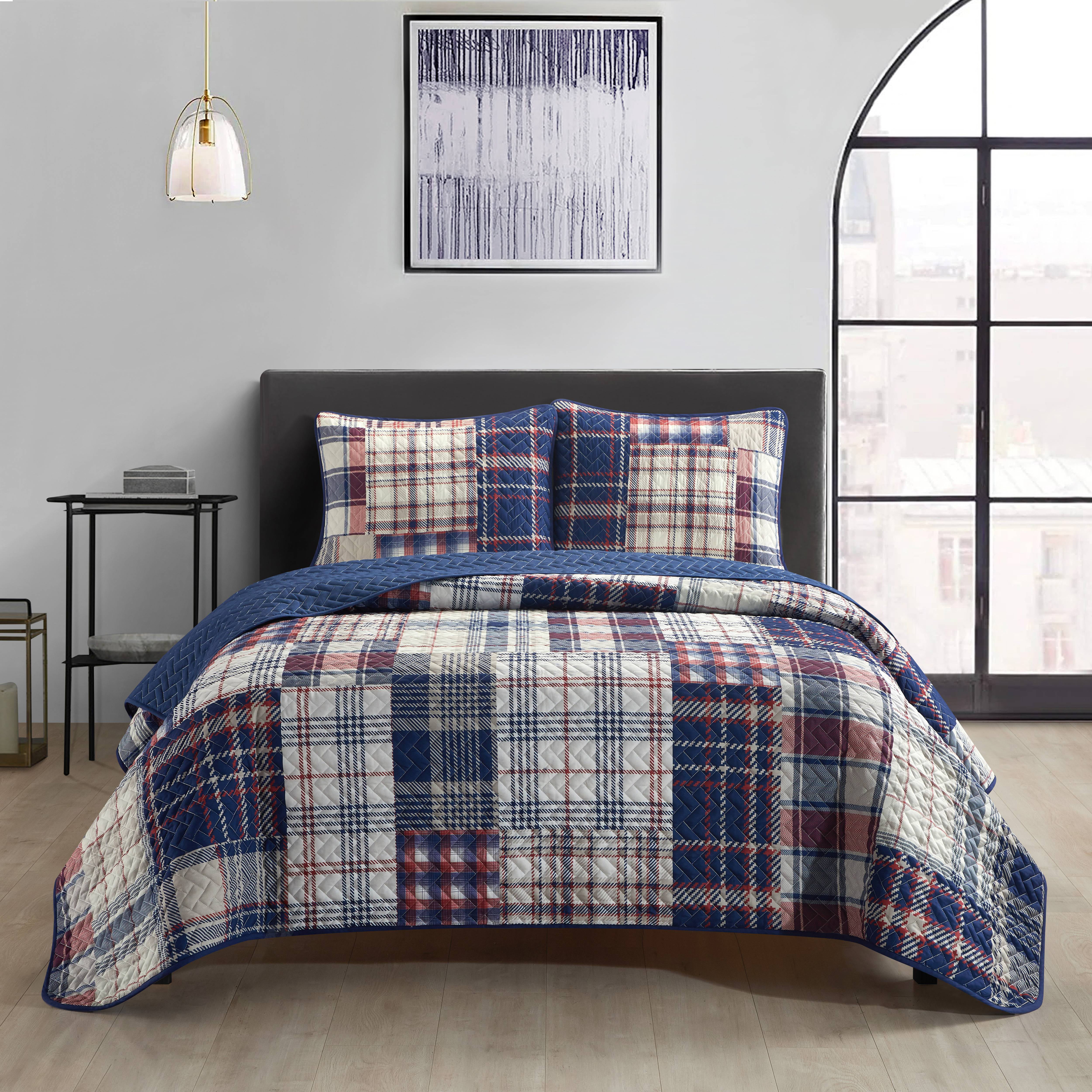 COUNTRY GREY PLAID FARMHOUSE YELLOW GINGHAM FIVE STAR 3pc King QUILT SET 