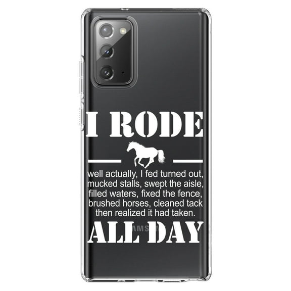 DistinctInk Clear Shockproof Hybrid Case for Samsung Galaxy Note 20 (6.7" Screen) - TPU Bumper Acrylic Back Tempered Glass Screen Protector - I Rode All Day - Horse