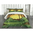 thumbnail image 3 of Ambesonne Forest Quilted Bedspread Set 3 Pcs, Cartoon Sunset Hills, Queen Size, Green Caramel Yellow, 3 of 5