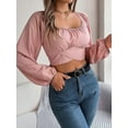 thumbnail image 4 of Women'S Ruched Wrap Square Neck Flounce Long Sleeve Self Tie Crop Top Blouse Pink XL, 4 of 8