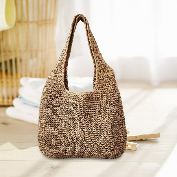 Women Straw Woven Shoulder Bags with Zipper Large Wallet Handwoven Crochet Bag Vacation Shopping Laddies Girls Khaki
