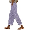 thumbnail image 2 of Women's Casual Pants Women'S Embroidered Floral Print Elastic Belt With Pocket Trousers Side Buttons Cropped Pants Loose Casual Pants Print Straight Pants,Purple Women's Casual Pants L, 2 of 5