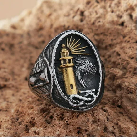GKNET Men's Vintage Viking Stainless Steel Nautical Lighthouse Stamp Rings Size 7-15
