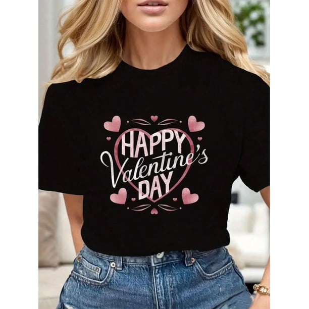 Camisa informal de algodón con cuello redondo y corazón "Feliz Día de San Valentín", ligeramente elástica, ideal para el verano. Ropa informal suave y transpirable para mujer, camiseta deportiva de oc