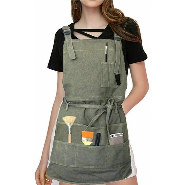 Delantal Profesional de Lona con Bolsillos para Mujeres Hombres Adultos, Verde Ejército, Ajustable