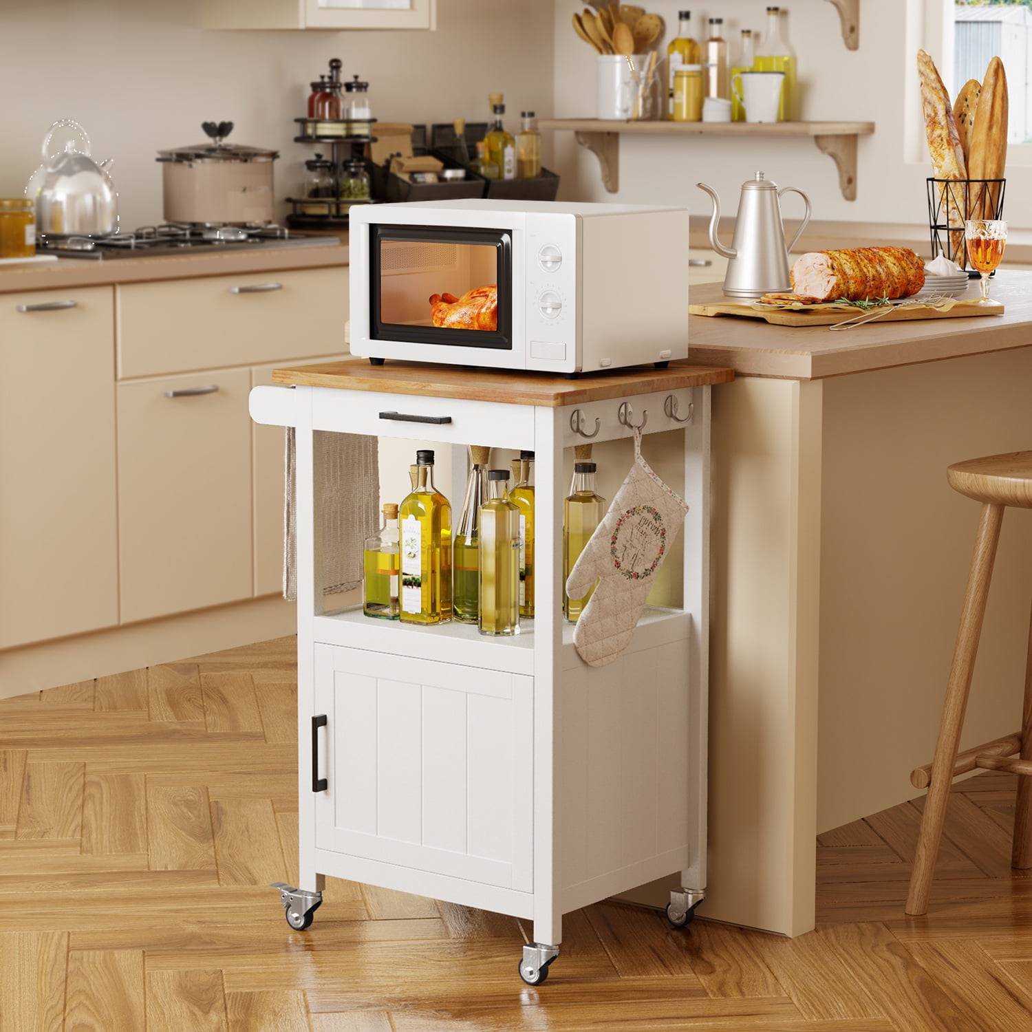 Noelse Rolling Kitchen Cart with Drawer and Open Shelf, Mobile Island Storage Cabinet, White