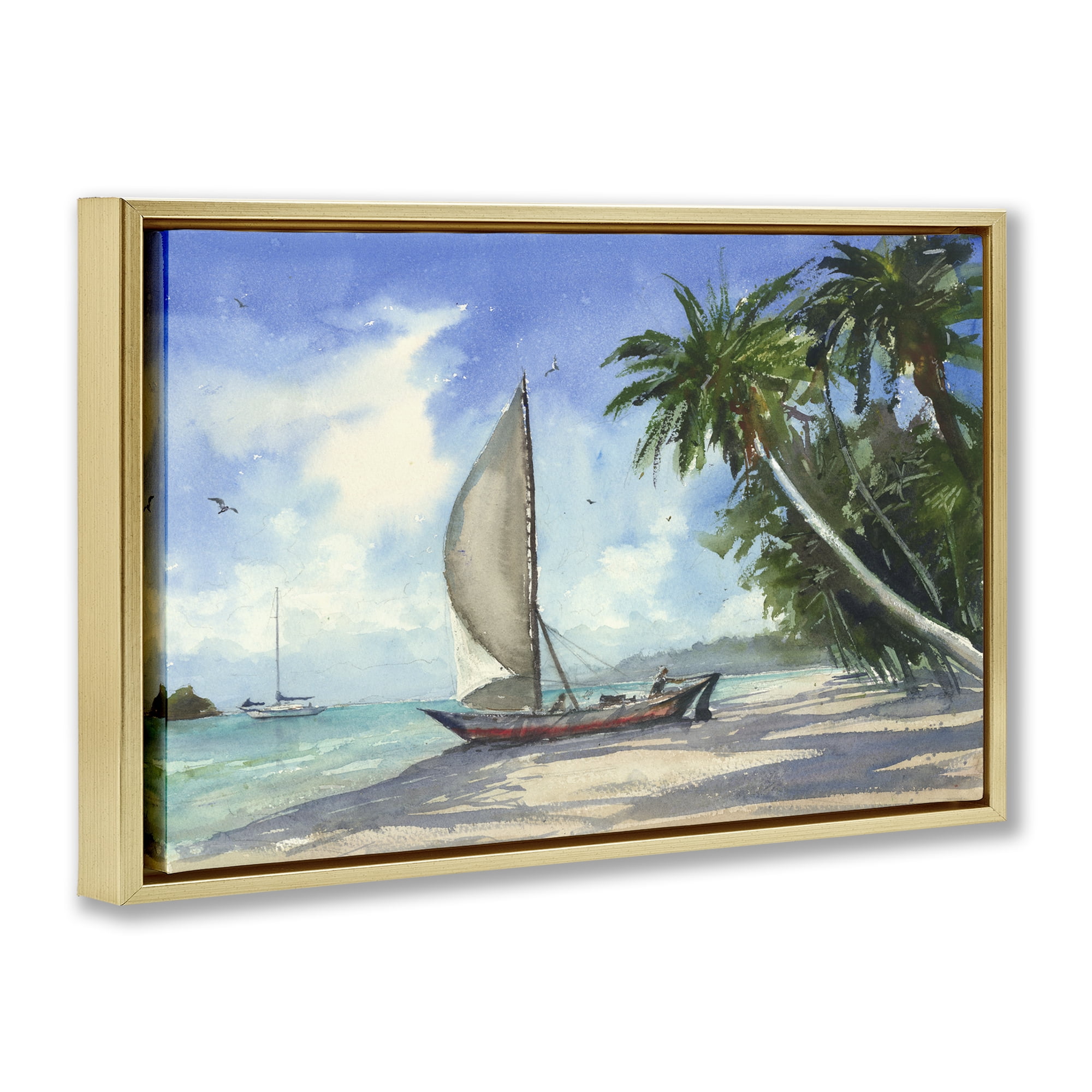 Stupell Industries High & Dry Boat on Shore Nautical & Beach Painting Gold Floater Framed Canvas Art Print Wall Art, 31 x 21
