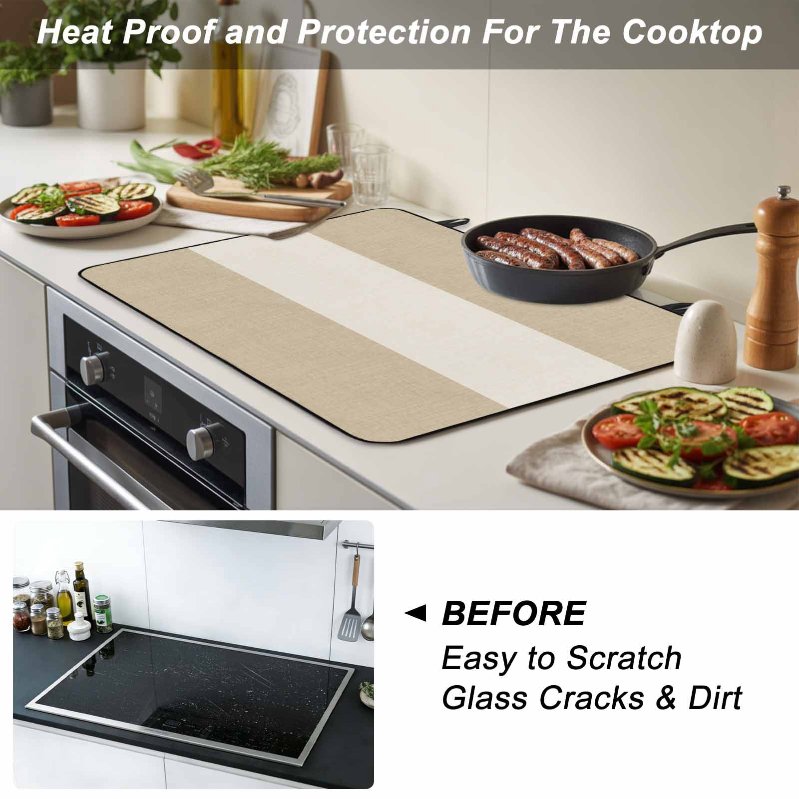 Rustic Vintage Stove Top Cover for Electric Stove, Heat-proof & Non Slip Glass Top Stove Cover Protector, Farmhouse Countryside Linen Texture Kitchen Flat Cooktop Rubber Mat 24x21 Inches