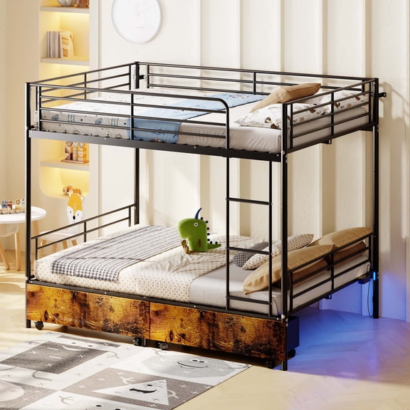 Full Over Full Metal Bunk Bed with 2 Storage Drawers, Charging Station and LED Light,Convertible Design, Black