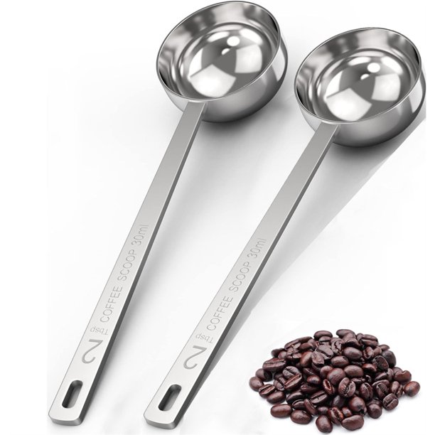 Xiao Hua 2 cucharas de café de acero inoxidable con mango largo, cuchara medidora de azúcar para té, cuchara medidora con escala de acero inoxidable -30 ml