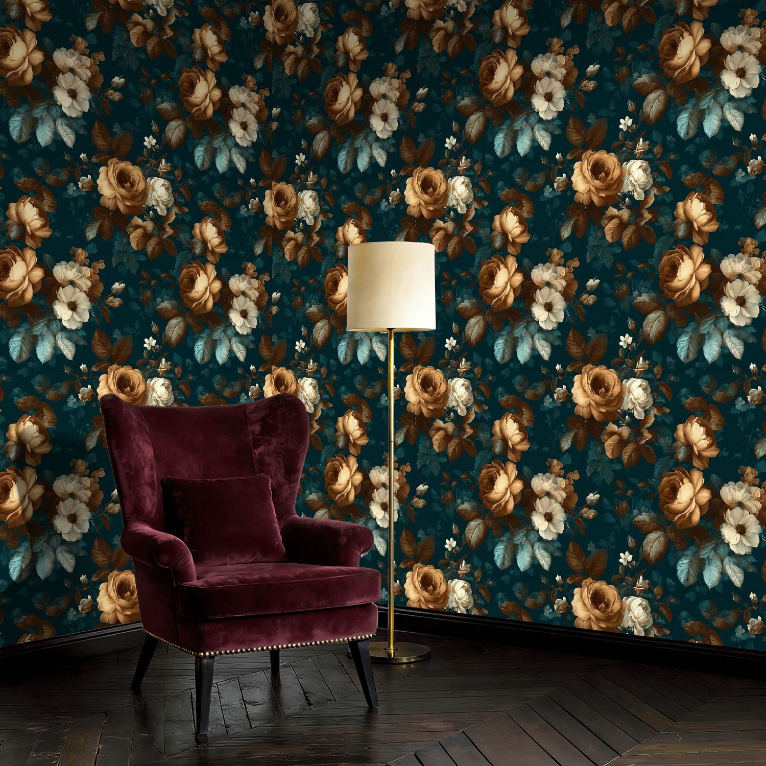 Peel and Stick Wallpaper Floral Rose Vintage Botanical Flowers Dark Teal Wall Mural 23.6in x 9.8ft Self Adhesive Removable Wall Paper Renter Friendly Wallpaper for Nursery Bedroom Cabinets