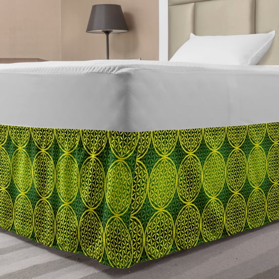 Abstract Bed Skirt, Modern Vivid Flower of Life Meditation Code Illustration, Elastic Bedskirt Dust Ruffle Wrap Around for Bedding Decor, 4 Sizes, Yellow Hunter Green, by Ambesonne