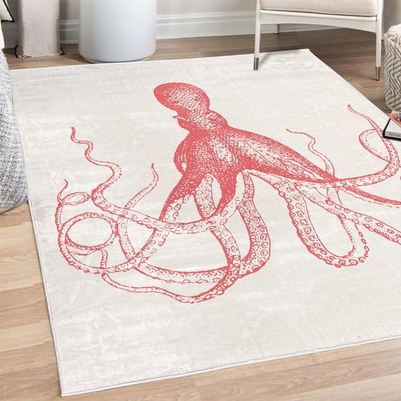Octopus Decorative Rug, Monochrome Marine Animal Tentacles in Sketch Subaquatic Life Art, Quality Carpet for Bedroom Dorm and Living Room, 6 Sizes, Dark Coral, by Ambesonne