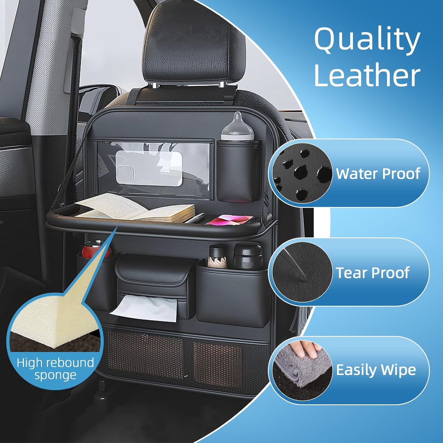 2-Pack Foldable Leather Car Backseat Organizer with Table Tray, Kick Mats & Tablet Holder, Durable Seat Protector & Multi-Pocket Storage for Kids, Pets & Accessories