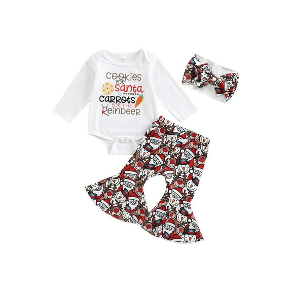 Newborn Christmas Outfit Baby Girl Long Sleeve Letter Print Romper Flared Pants Headband Fall Winter Clothes Set 0-18M