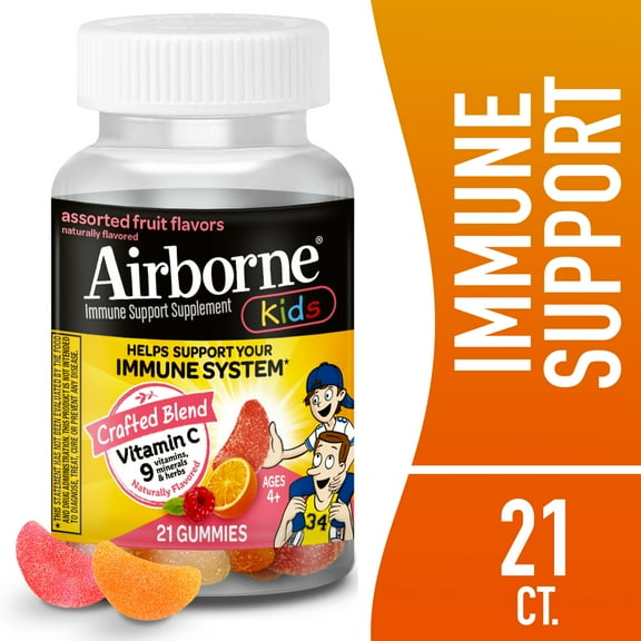 Airborne Kids 500mg Vitamin C Immune Support Gummies, Multivitamin Supplement, Assorted Fruit Flavor, 21 ct