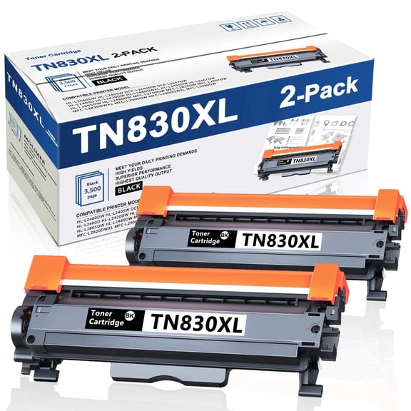 TN830XL 2 Pack Toner Cartridge for TN830XL TN830 High Yield Compatible for Brother DCP-L2640DW HL-L2460DW HL-L2480DW HL-L2400D HL-L2405W MFC-L2820DW Printer （Black）