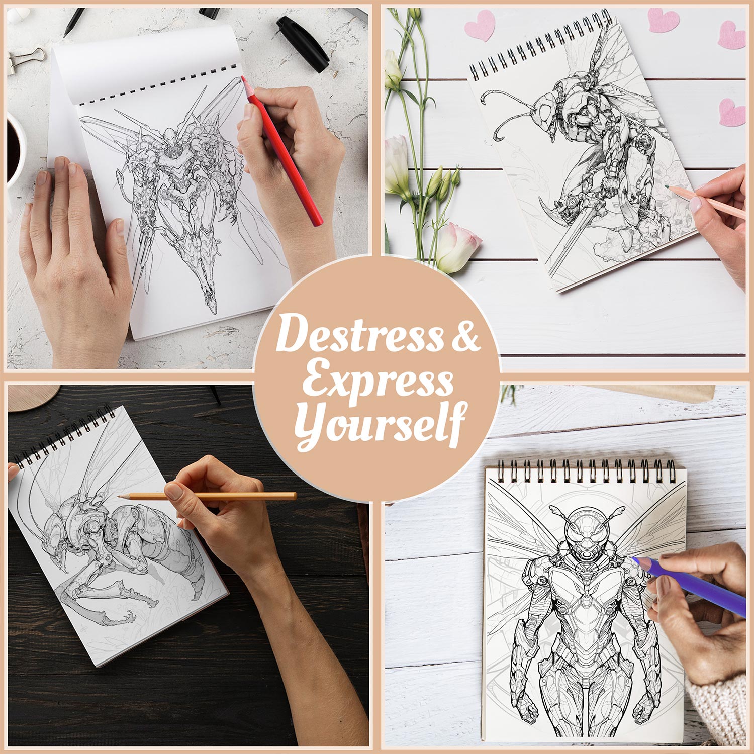 Netecom Battle Wasp Coloring Book for Adults, A5 Wooden Cover, Spiral Bound Edition, 30 Enchanting Coloring Pages of Mighty Wasp Warriors for Stress Relief and Relaxation