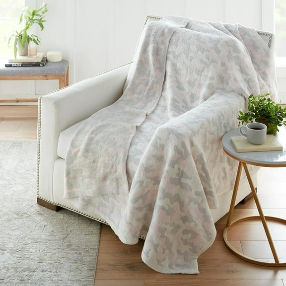 Crafted by Catherine Camouflage Print Cozy Knit Throw Blanket 60" x 70" Inches, Soft Comfy Decorative Throw for Couch Bed Sofa Travel, Camo Blush and Light Grey