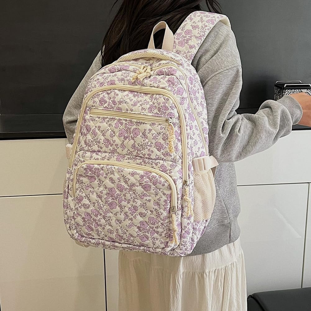 This 3-piece backpack set comes with a cute floral quilted backpack, a medium-sized messenger bag and a small travel storage bag for ladies, presenting a simple and comfortable look