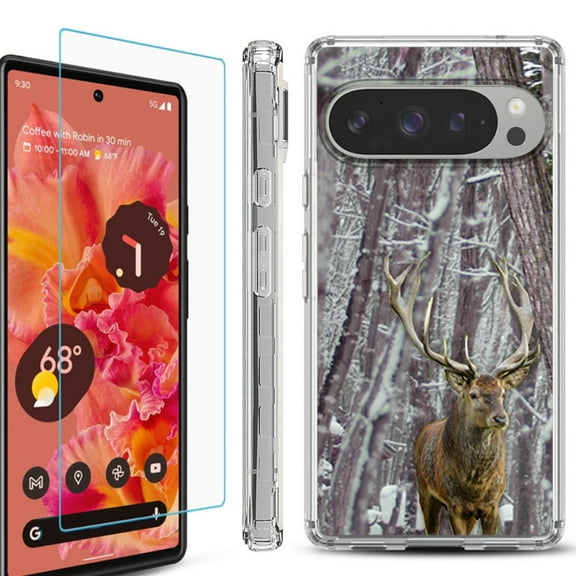 For Google Pixel 9 / 9 Pro Phone Case Cover, Shockproof Bumper Case with Tempered Glass Screen Protector, by OneToughShield - Deer/Snow/Camo