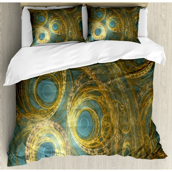 Steampunk King Size Duvet Cover Set, Fantasy Whirlwind Shaped Mechanic Clockwork Design Abstract Surrealist Image, Decorative 3 Piece Bedding Set with 2 Pillow Shams, Yellow and Blue, by Ambesonne