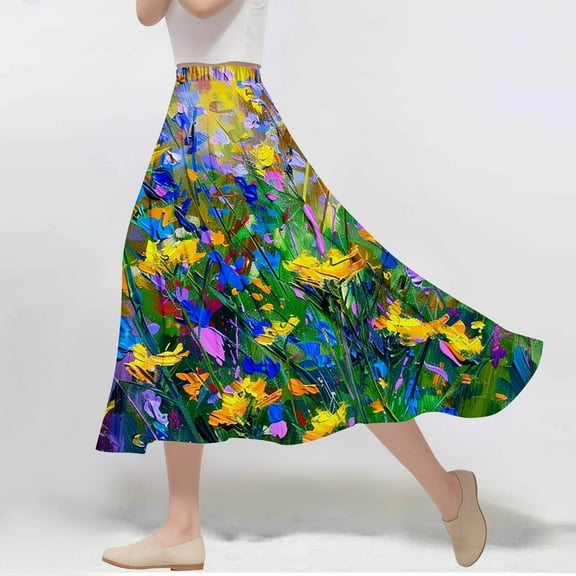 Xixinqiwan Maxi Skirts for Women,Women's Flowy Maxi Skirt Summer Pleated Chiffon Elastic Waisted Casual Long Skirts with Pockets