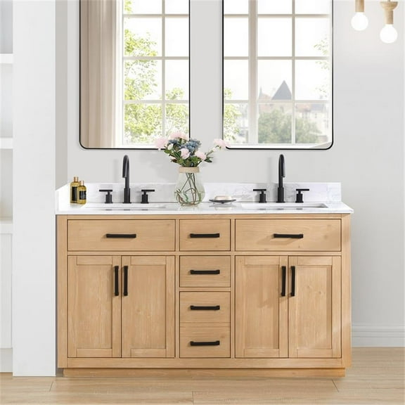 Pemberly Row 60" Wood Vanity in Light Brown with Composite Stone Top no Mirror