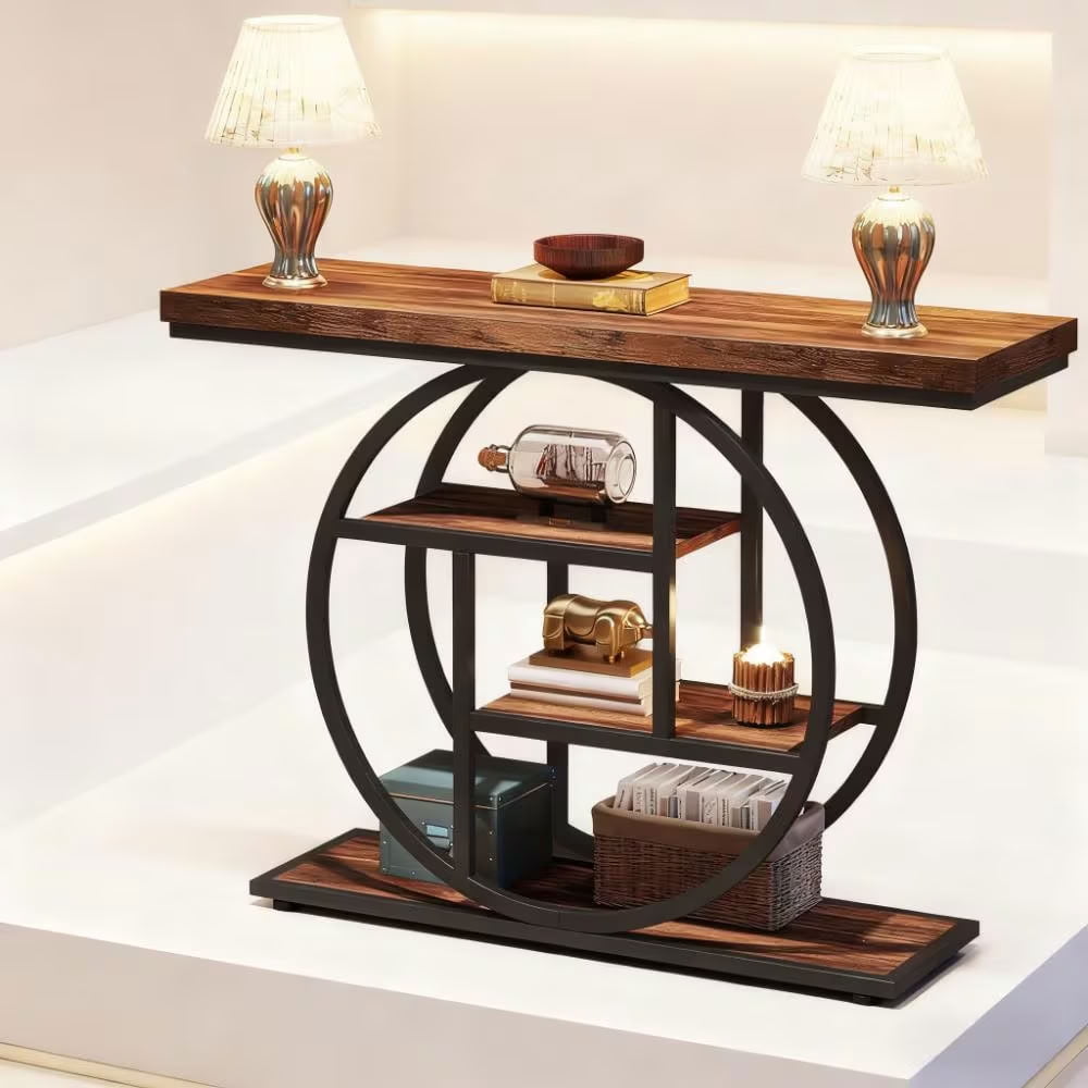 MAYEERTY 41.3" Industrial Console Table, 4-Tier Wood Accent Sofa Table for Entryway, Hallway, Living Room, Narrow Design