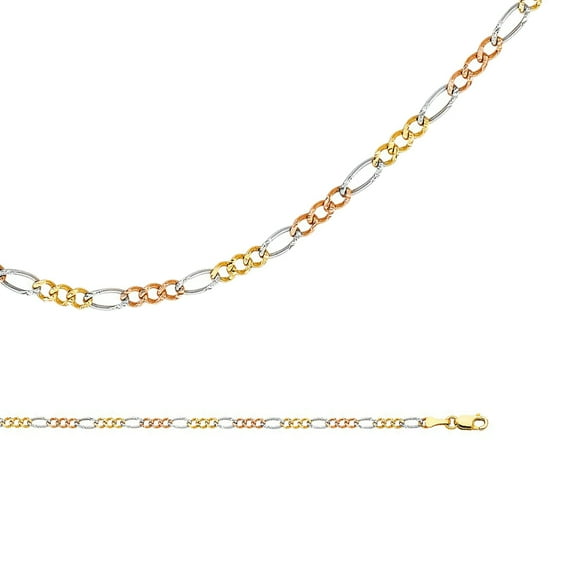Figaro Chain Solid 14k Yellow White Rose Gold Necklace 3   1 Concave Thin Tri Color, 2.6 mm - 16 inch