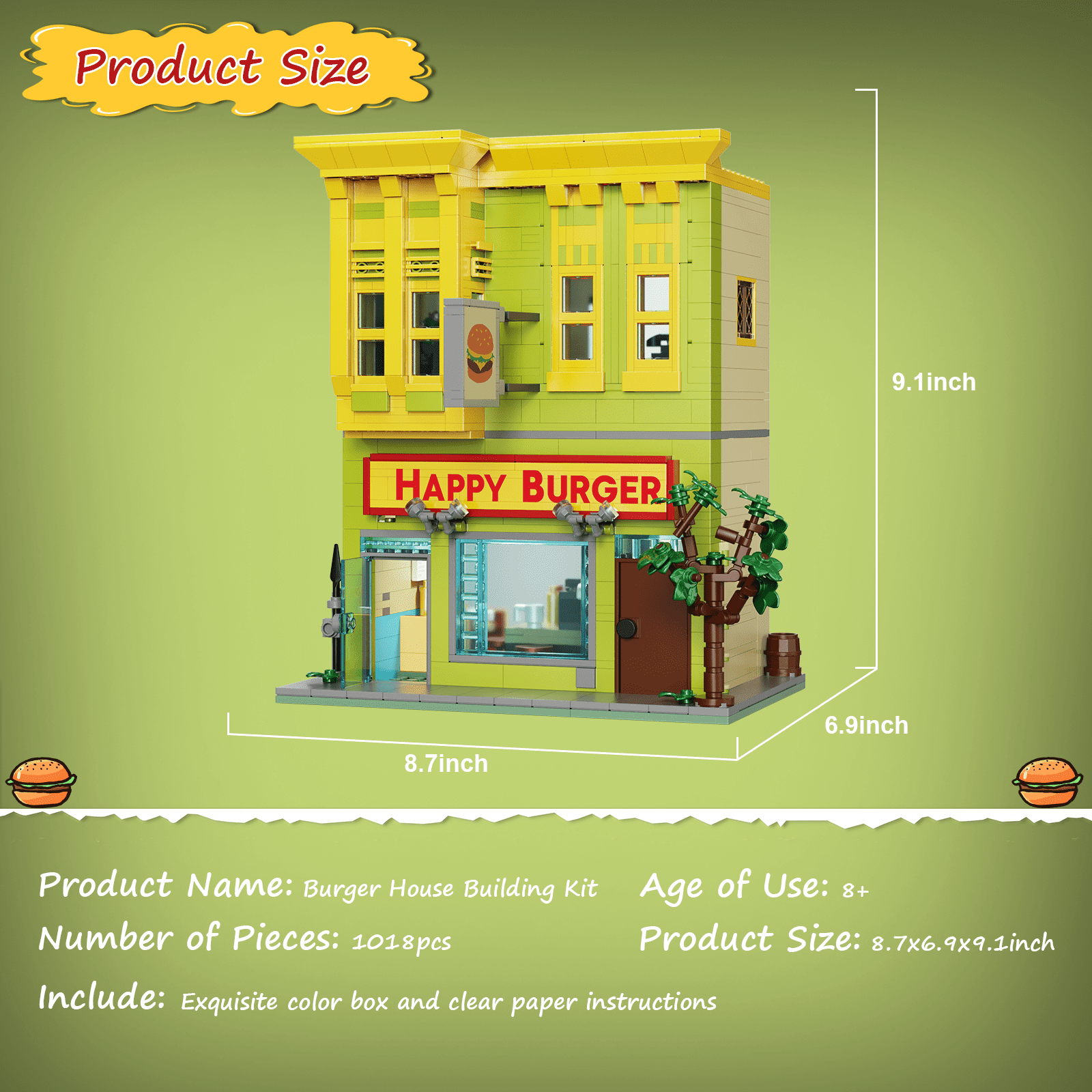 Burgers Shop Building Blocks Set Bob's Shop Model Toys Cartoon Creative Modular House Gift for Kids Adults(1018Pcs)