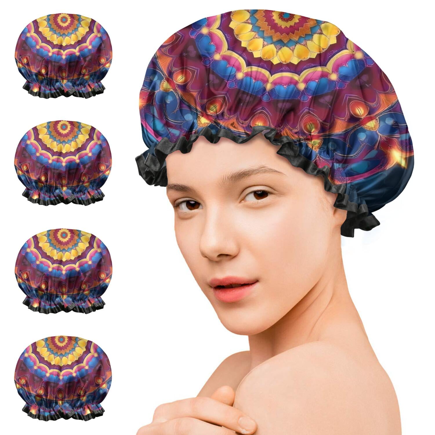 Shower Caps,Colorful Tie Dye Luminous Mandala Pattern Waterproof Shower Cap for Women 4 Pieces,Double Reusable Hair Cover for Shower PEVA Elastic Stretch Hem