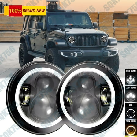 Pair 7" Inch Round LED Headlights Halo DRL Hi/Lo For Jeep Wrangler JK LJ TJ CJ