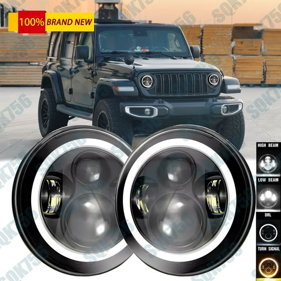 Pair 7" Inch Round LED Headlights Halo DRL Hi/Lo For Jeep Wrangler JK LJ TJ CJ