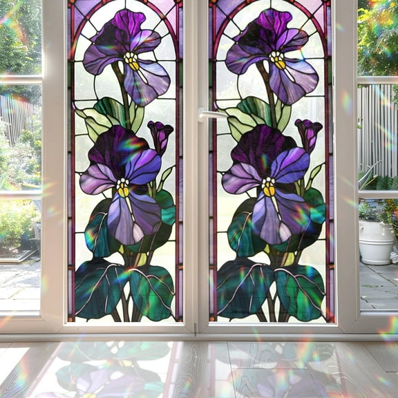 89Bloom 17.7 x39.4 Inches Decorative African Violet Stained Glass Window Film, Window Film for Glass Door Heat Control Anti UV