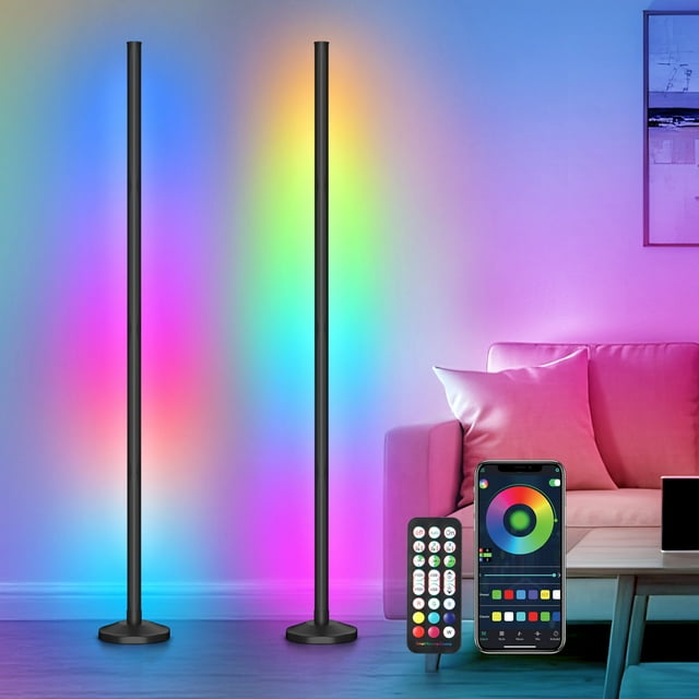 OUTON Lot de 2 Lampes sur Pied d'Angle à DEL, Lampe sur Pied Intelligente RGB avec Application et Télécommande, 16 Millions de Couleurs Changeantes, Synchronisation Musicale, Lumière d'Angle Moderne à DEL pour Chambre, Salon et Salle de Jeux, Minuterie et Horaire