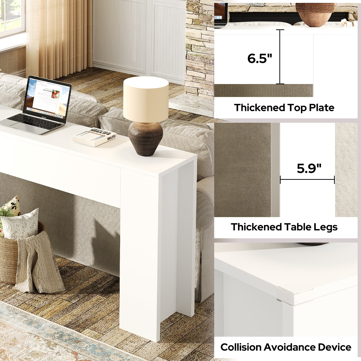 63-Inch Long Console Table with RGB LED Lights, Extra Wide and Thick Sofa Table Behind Couch, Farmhouse Entryway Table for Entrance, Hallway, Living Room, White