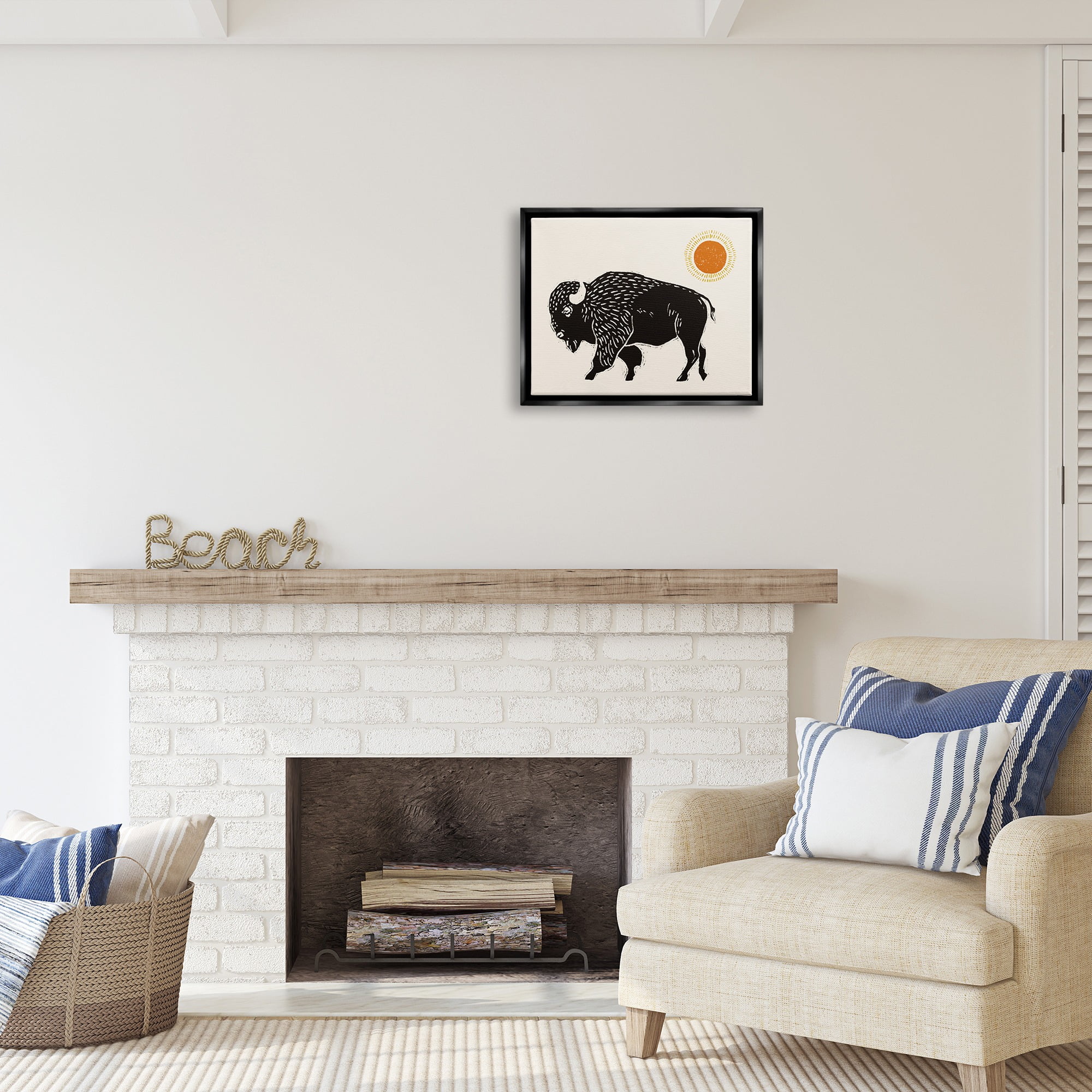 Stupell Industries Boho Bison Facing Left Animals & Insects Painting Black Floater Framed Canvas Art Print Wall Art, 21 x 17