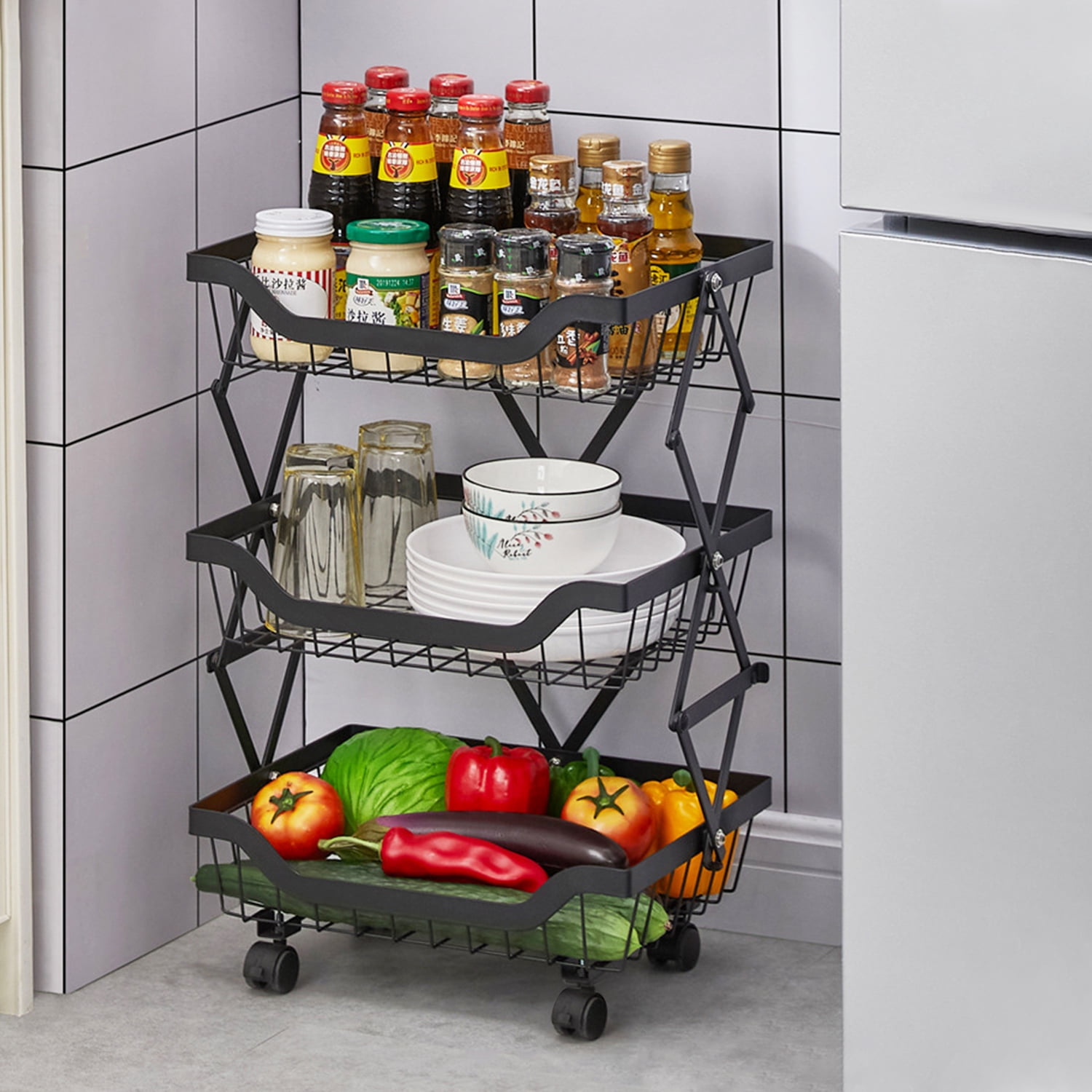 Alexent 3-Tier Foldable Basket Storage Rolling Cart | Metal Wire Basket with Wheels, Stackable, Versatile Organizer for Kitchen, Pantry, Bathroom, Laundry, Garage, Black