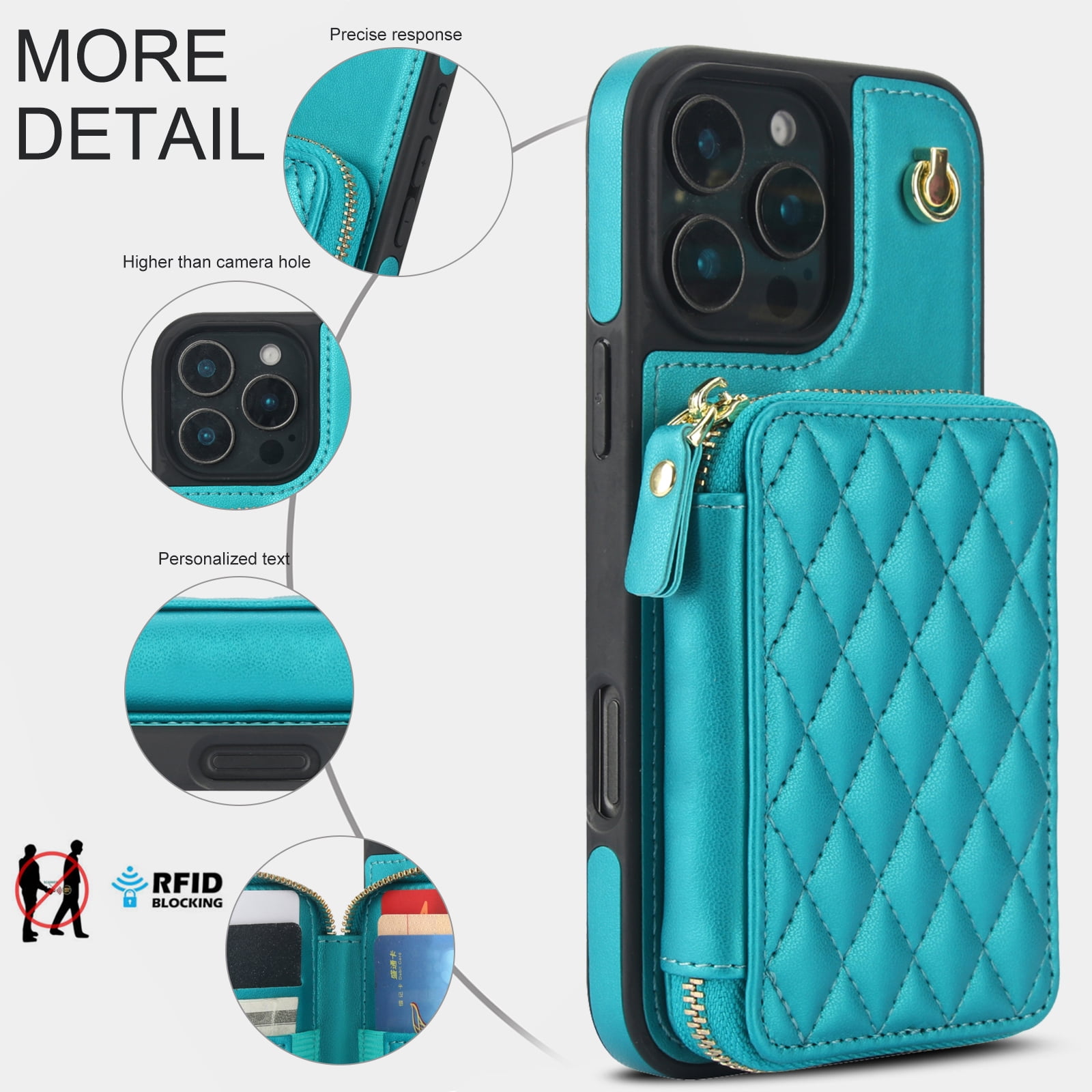 Compatible with iPhone 16 Pro 6.3 inch Wallet Phone Case Tempered Glass Screen Protector Wrist Crossbody Strap Stand Credit Card Holder RFID Slot Cell Cover for i Phone16 i16 16Pro Women Girls Green