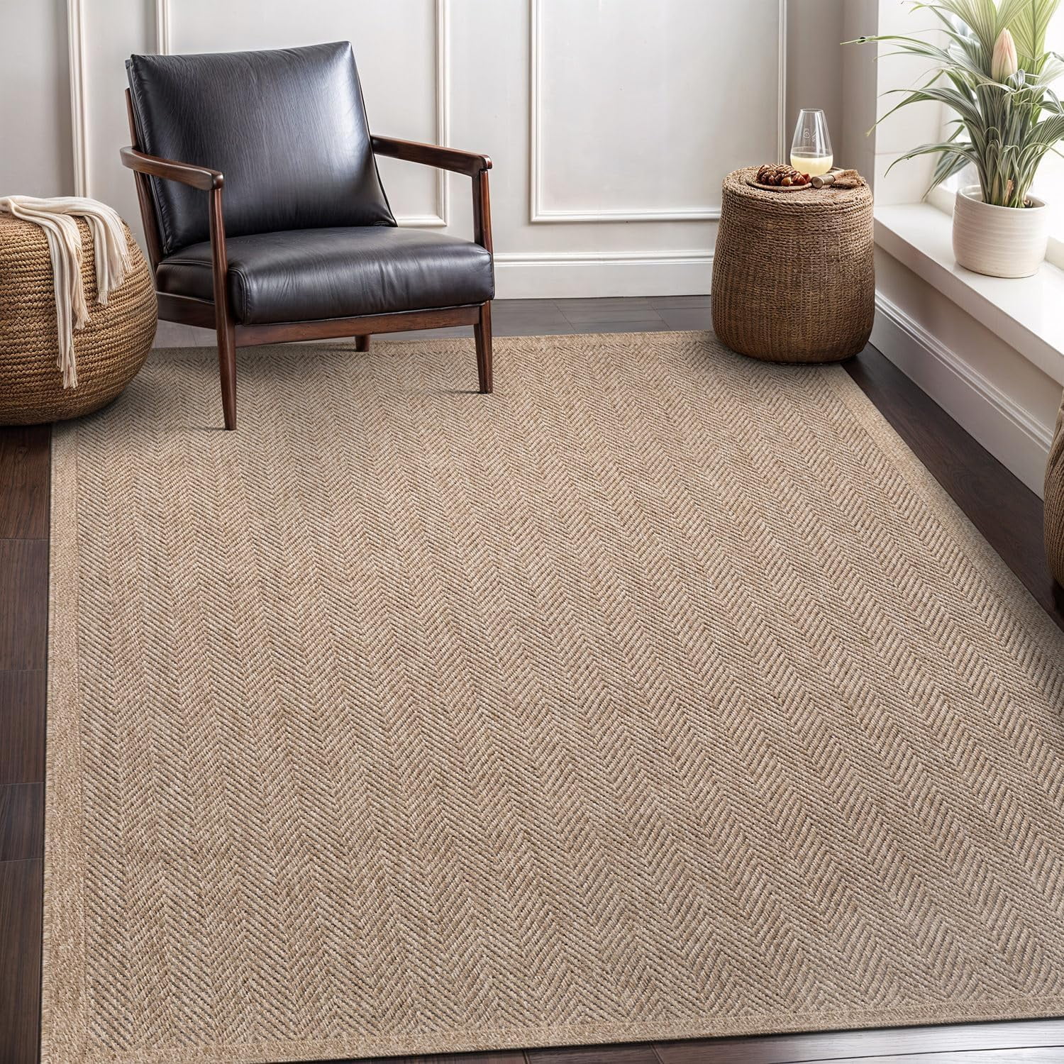 CAMILSON Easy Jute Rug Indoor Outdoor Farmhouse Area Rugs Herringbone-Natural 9x12