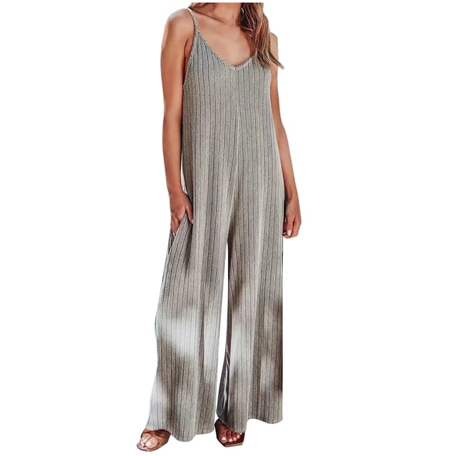 Plebaso Women's V Neck Sleeveless Jumpsuits Loose Spaghetti Strap Casual Wide Leg Rompers with Pockets