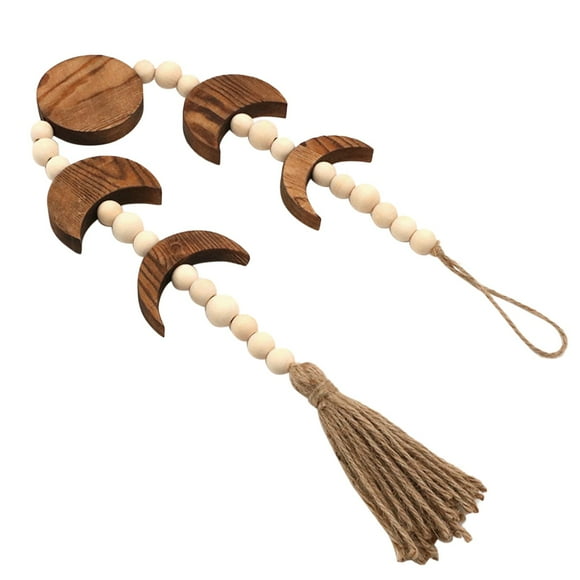 Fases de la luna de madera de pared colgante de cuentas con borlas Boho Retro Home Wall Art Decoración Vertical Moon Wall Hanging for Bedroom Home Living Room