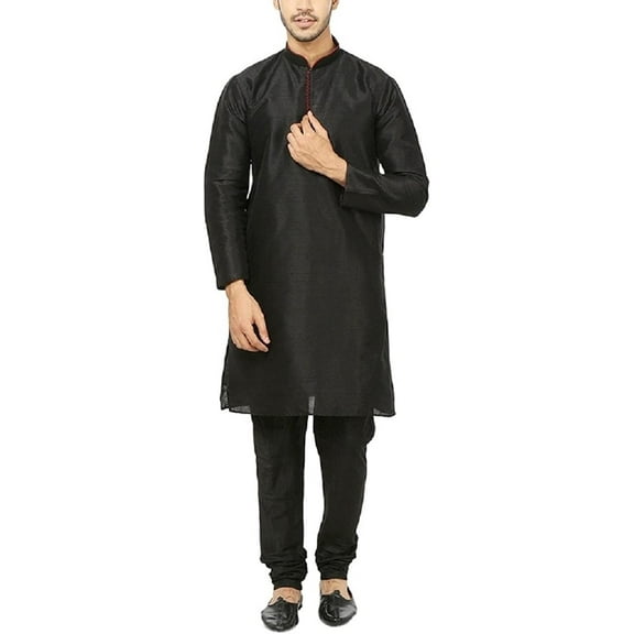 Royal Men's Silk Blend Loop Button Kurta Churidar Set (42, Black)